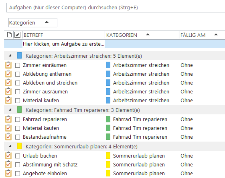 Nach Projekten gruppierte Aufgabenliste