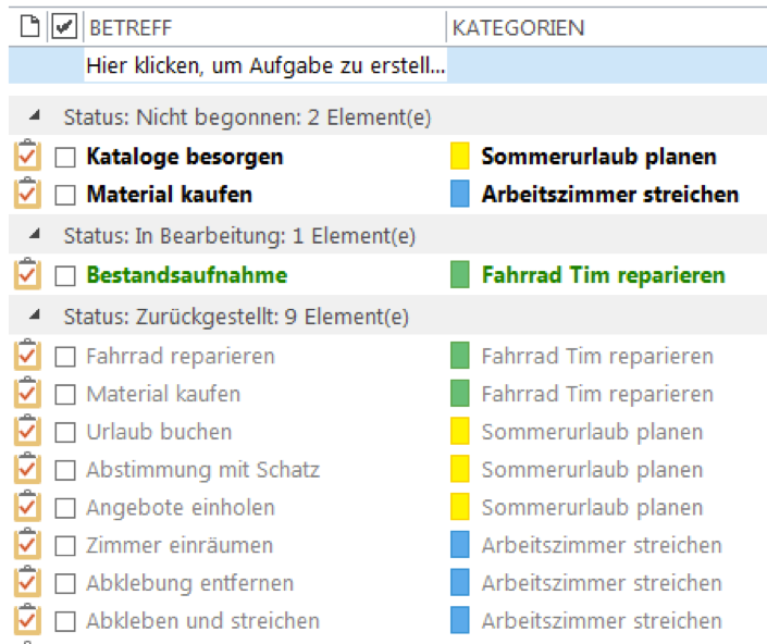 Nach Status sortierte Aufgabenliste