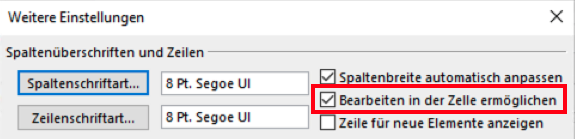 Outlook - Spalten editieren aktivieren