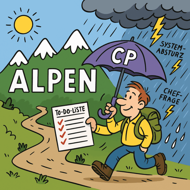 Cartoon eines Wanderers mit To-do-Liste und CP-Schirm auf einem Alpenpfad; links Sonne, rechts Gewitter mit „Systemabsturz“ und „Chef-Frage“.