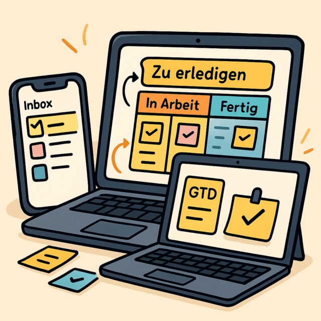 Bild verschiedener digitaler Geräte mit ToDo Listen auf den Displays